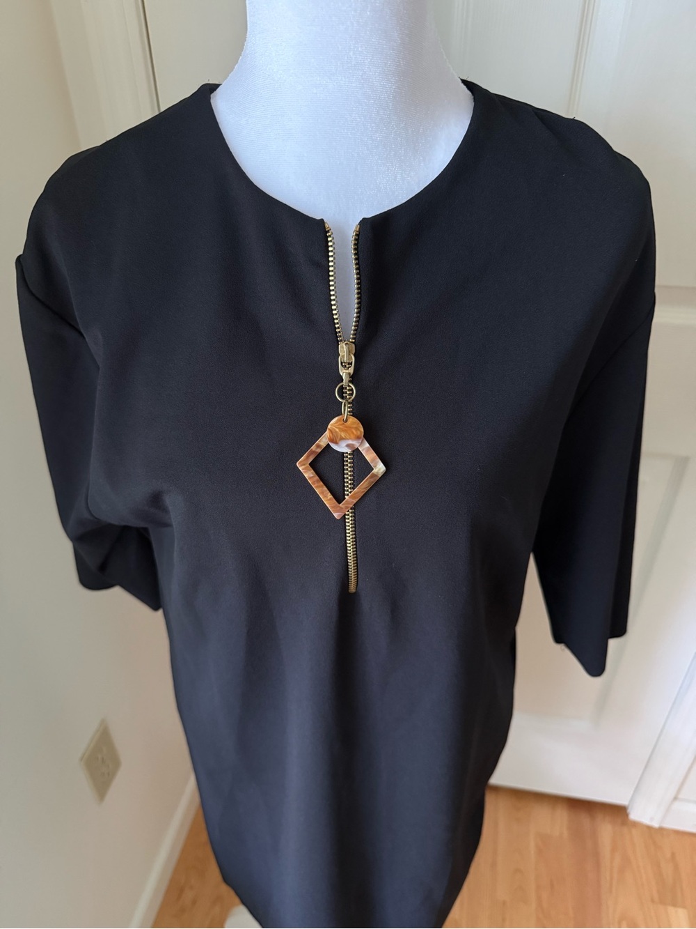ZARA Black Shift Dress/Tunic Gold Zip Detail Size S Minimalist Chic